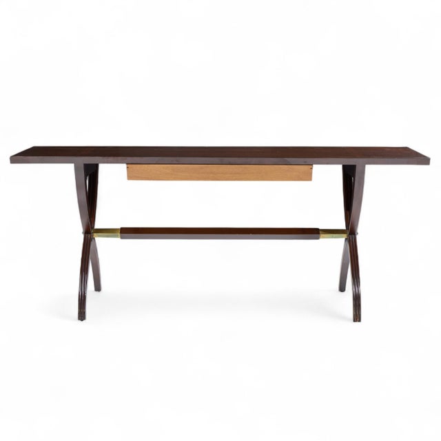 Edward Wormley for Dunbar Mid Century Brass, Walnut and Mahogany Console Table This console table measures: 72 wide x 19...