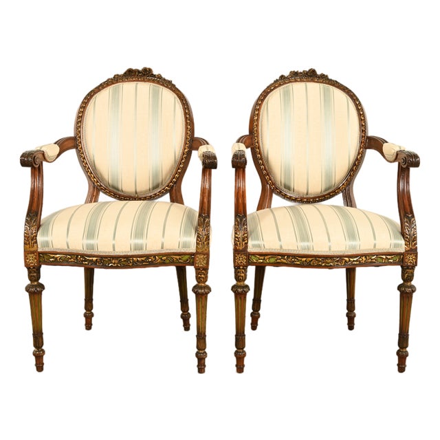 Karges Style French Regency Louis XVI Carved Mahogany and Gold Gilt Armchairs, Pair For Sale