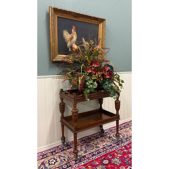 1930s Antique English Trolley Tea Cart Pastry Cocktail Bar Cart Tray Tudor Oak 1930s For Sale - Image 5 of 15