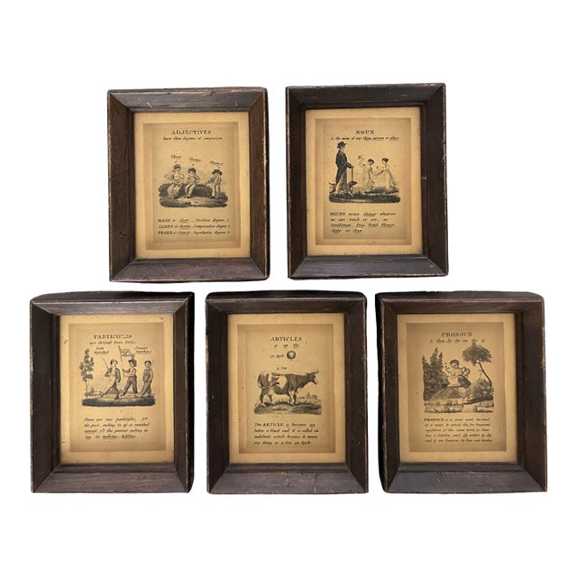 Set of 5 Antique English Regency Era Framed Grammar Prints, Circa 1800–1830 For Sale
