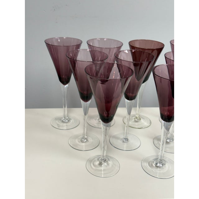 Pottery Barn Circa 1990's Pottery Barn Amethyst Champagne Flutes, Set of Nine For Sale - Image 4 of 12