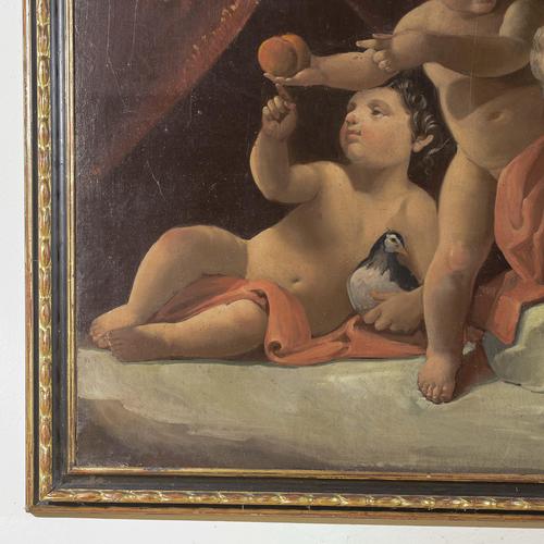 This evocative oil painting on canvas depicts a classical allegory with cherubs, an emblematic subject of decorative...