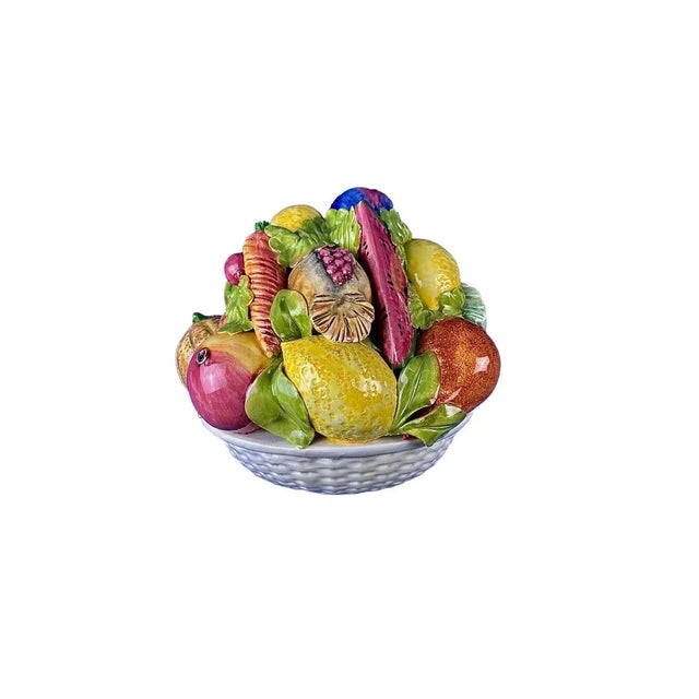 Large Vintage Terra Cotta Glazed Della Robbia Ceramic Woven Basket With Fruit Assortment For Sale In New York - Image 6 of 8