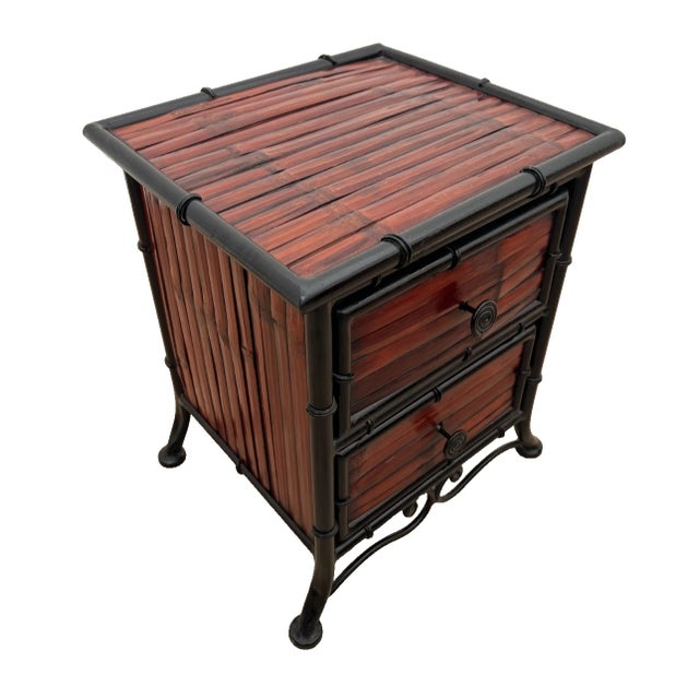 Asian Vintage Nightstand Cabinet Double Drawers Bamboo / Wicker and Iron Petite Size For Sale - Image 3 of 14