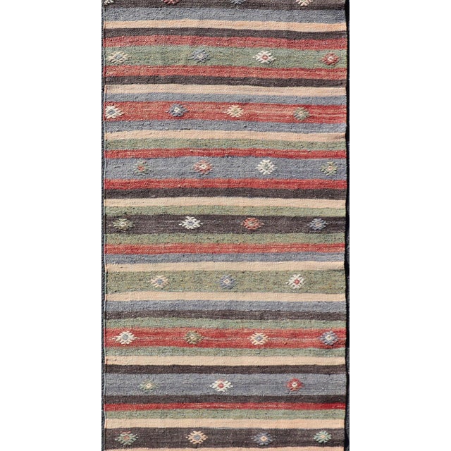 Textile Turkish Vintage Kilim Striped Runner With Tribal Motifs in Copper and Greens For Sale - Image 7 of 11