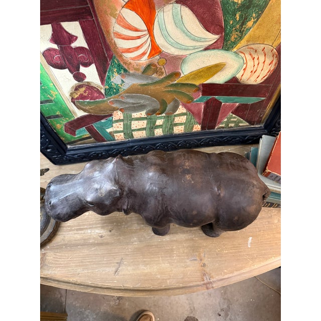 Folk Art Wood and Leather Hippopotamus Sculpture For Sale - Image 3 of 9