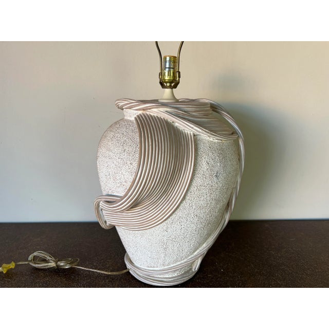 Vintage Organic Pottery and Rattan Sculptural Table Lamp For Sale - Image 4 of 13
