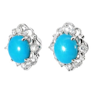 Late 20th Century Pair of 18K White Gold Turquoise Diamond Stud Earrings For Sale