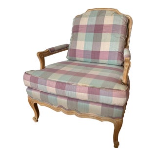 Sherrill Furniture Blue and Lavender Buffalo Check Plaid Upholstered Bergere Chair For Sale