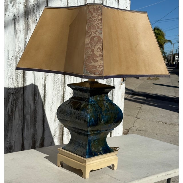 1940s Monumental Square Hollywood Regency Blue Multicolor Large Lamp Style After Fortuny & Parchment Shade For Sale - Image 10 of 18