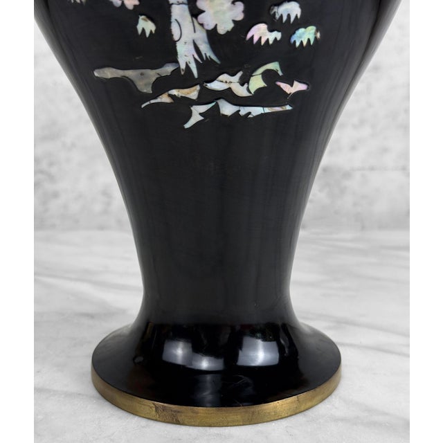 Vintage 14" Chinese Brass & Black Enamel Mother of Pearl Inlaid Vase For Sale - Image 9 of 11