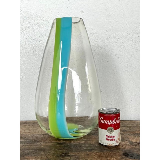Vintage Clear Glass Vase With Blue and Green Stripes For Sale - Image 10 of 12