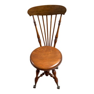 Early 20th Century Antique Wood Piano Chair With Backrest For Sale