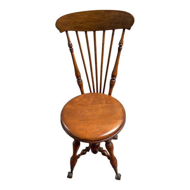 Early 20th Century Antique Wood Piano Chair With Backrest For Sale