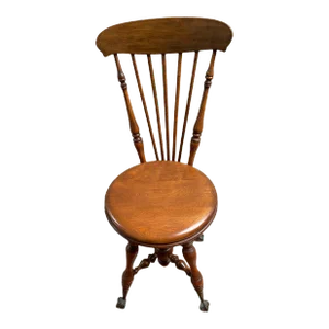 Early 20th Century Antique Wood Piano Chair With Backrest