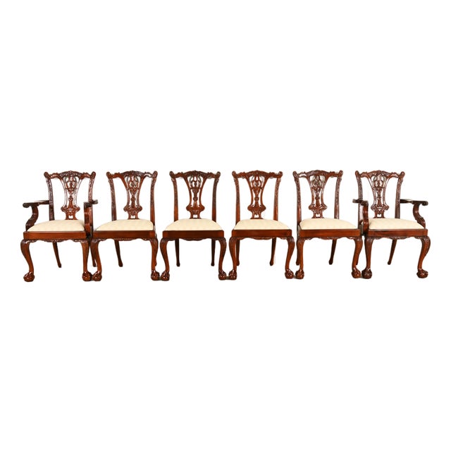 Baker Furniture Style Chippendale Carved Mahogany Dining Chairs, Set of Six For Sale