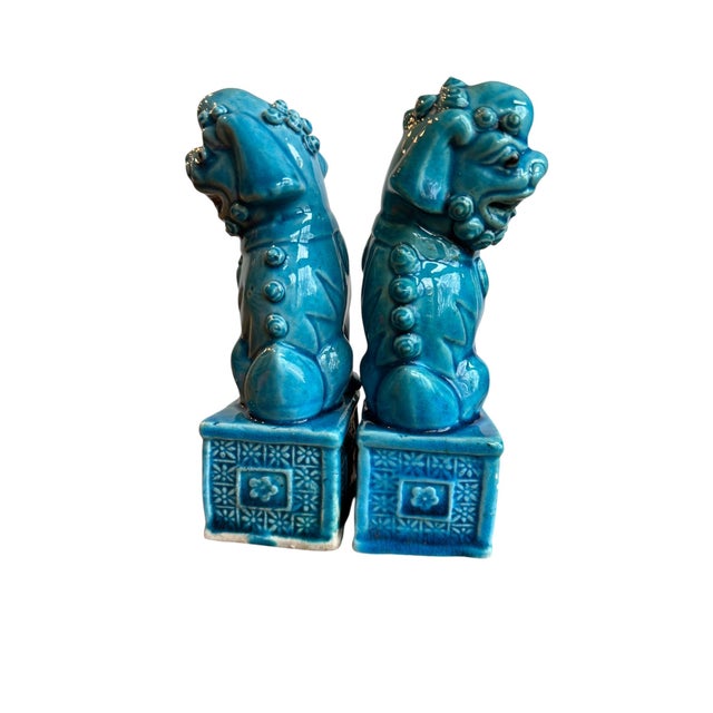 Blue Set of 2, 1970s Blue Foo Dog Guardian Lion Ceramics Set For Sale - Image 8 of 10
