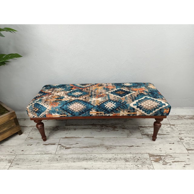 Handmade Contemporary Bench Upholstered in Rug Print Fabric For Sale - Image 11 of 11