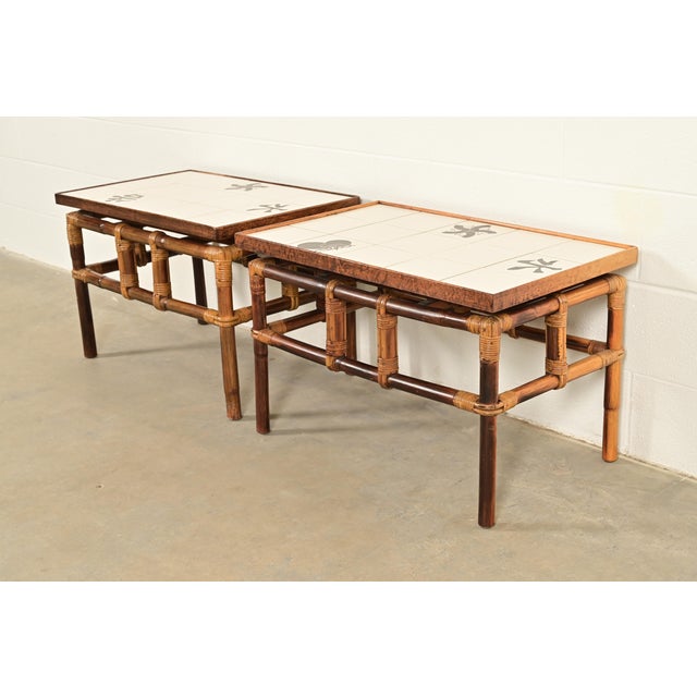 Contemporary John Wisner for Ficks Reed Mid-Century Hollywood Regency Bamboo Rattan Tile Top Side Tables, 1950s For Sale - Image 3 of 10