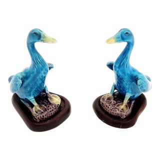 Antique Chinese Export Turquoise Blue Porcelain Figural Ducks - A Pair For Sale