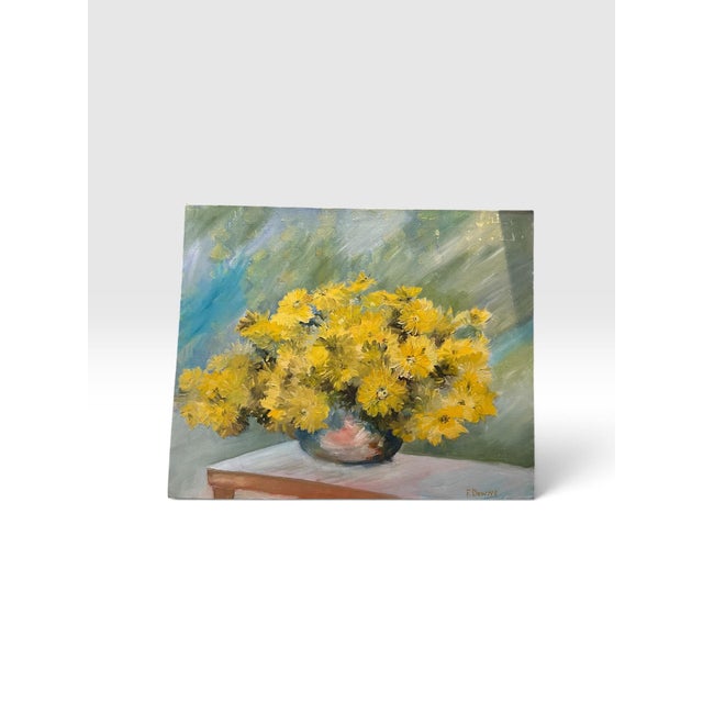Textile 1980s Francis “Duke” Downs Palm Beach Yellow Chrysanthemum Floral Still Life Original Oil on Canvas, 30” For Sale - Image 7 of 9