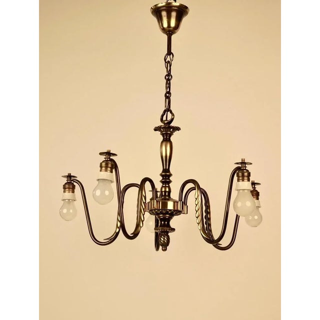 Metal Austrian Brass Chandelier with Five Silk Shades attributed to J.T. Kalmar, 1935 For Sale - Image 7 of 13