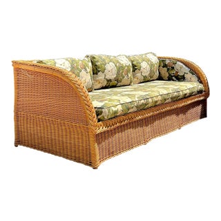 Vintage Braided Rattan Magnolia Print Sofa For Sale