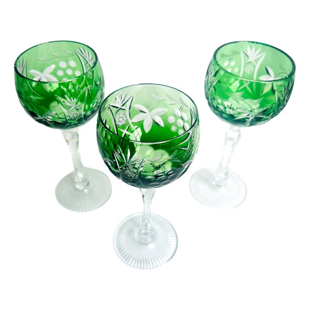 Elegant set of 6 vintage Bohemian Czech cut-to-clear crystal hock wine glasses, featuring five in emerald green and one in...