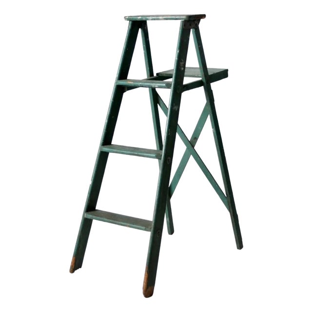Vintage Painted Green Wood Ladder For Sale