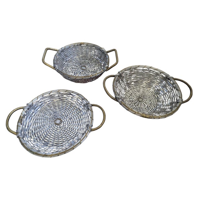 Vintage Woven Silver and Brass French Provincial Style Market Baskets- Set of 3 For Sale - Image 12 of 16