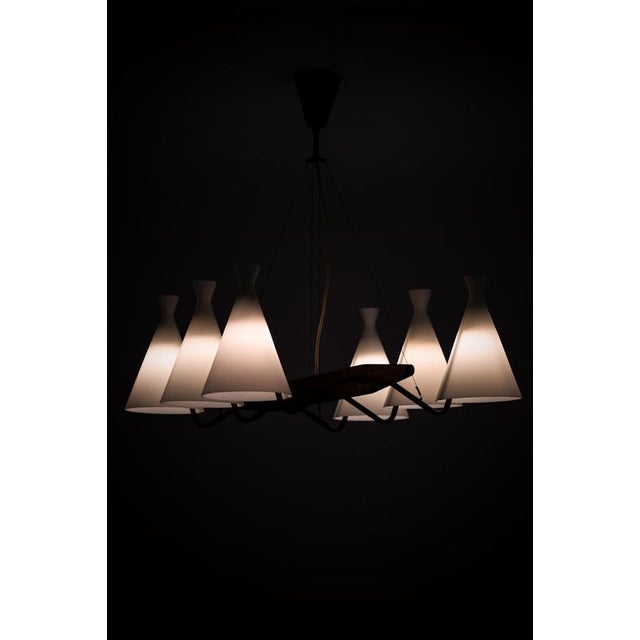 Ceiling Lamp in Brass, Teak and Opaline Glass attributed to Svend Aage Holm Sørensen, 1950s For Sale - Image 3 of 10