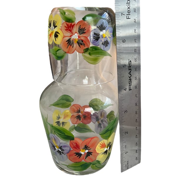 1980s Vintage Hand-Painted Glass Floral Pansy Bedside Water Carafe and Cup For Sale - Image 5 of 6