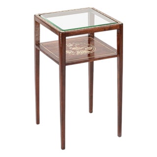 Antique French Art Nouveau Small Handpainted Mahogany Wood & Glass Side Table For Sale