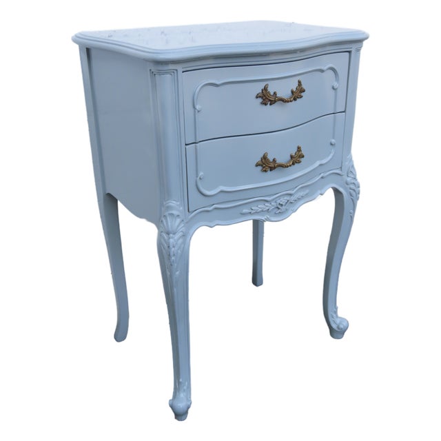 French Shabby Chic Serpentine Painted Gray Nightstand Side End Table 6635 For Sale