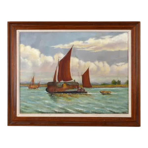 "Straw Barge" on the Thames (After) Edward Duncan Oil on Linen 1898 by Richard Hayley Lever