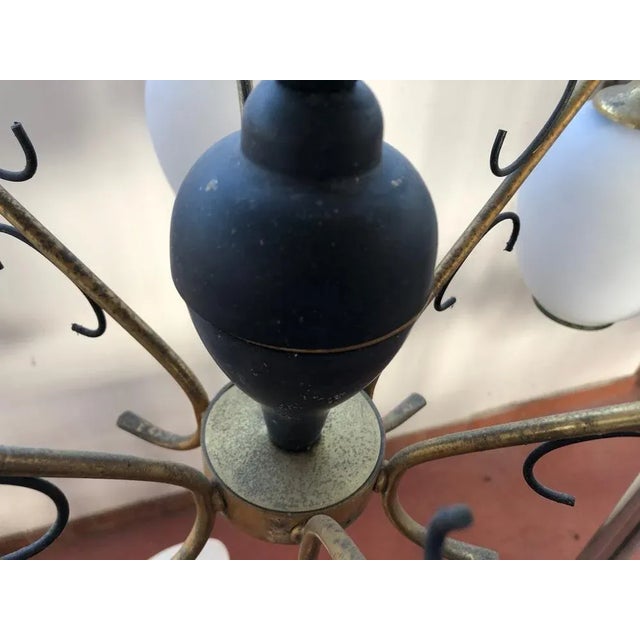 Pendant Light in Brass, Aluminum and Opaline Glass in the style of Stilnovo, Italy, 1950s For Sale - Image 4 of 10