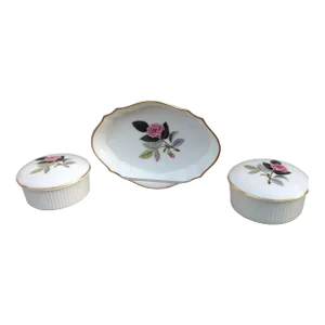 1970s Wedgwood Bone China Vanity Storage Hathaway Rose Pattern - 3 Piece Set