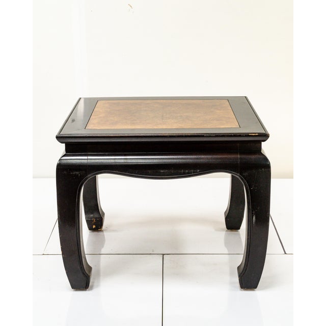 Vintage 1960s chinoiserie style side table. Black lacquer and matched burled inlay top. Super chic.