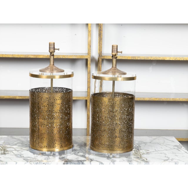 Vintage English Brass and Glass Lamps with Openwork Motifs on Lucite - a Pair For Sale - Image 4 of 9