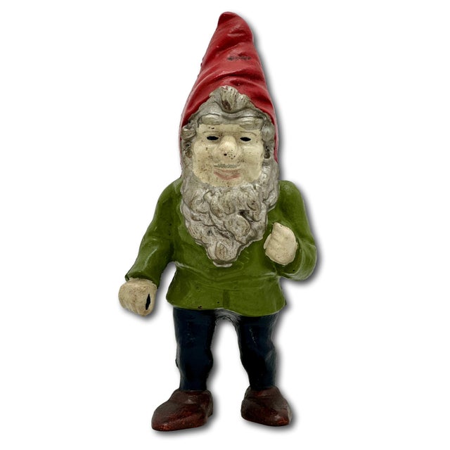 Hard to Find Unusual Model Antique American Cast Iron Figurative Standing Gnome Doorstop - Circa 1920s For Sale - Image 4 of 18