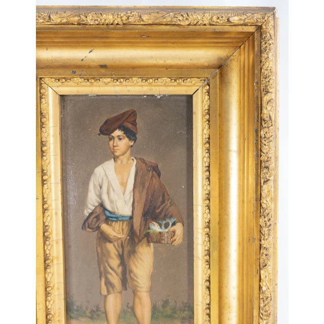 Wood 19th Century Italian Oil Painting on Wood Panel of a Young Merchant For Sale - Image 7 of 12