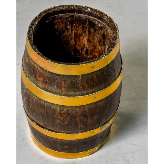 Antique English Dark Oak Barrel With Brass Bands For Sale - Image 10 of 12