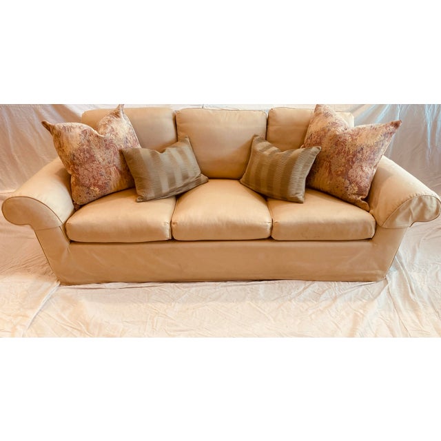 A. Rudin A. Rudin Upholstered Silk Roll Arm Sofa Loose Back &Seat Cushions With Dressmakers Skirt Four Decorative Pillows For Sale - Image 4 of 12