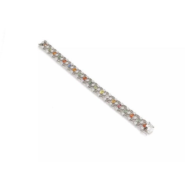 Contemporary 8.47ct Diamond Multicolor Sapphire 12mm Wide 14k White Gold Bracelet For Sale - Image 3 of 5