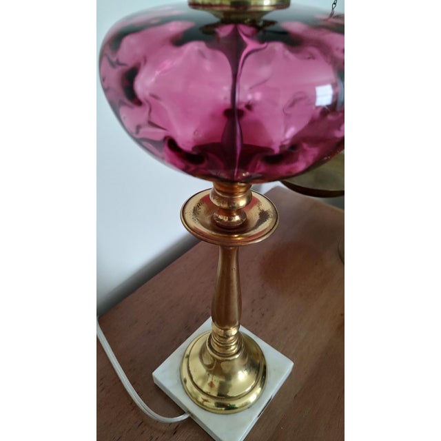 Metal 1950s Cranberry Glass and Brass Lamps With Morris Shade - a Pair For Sale - Image 7 of 11