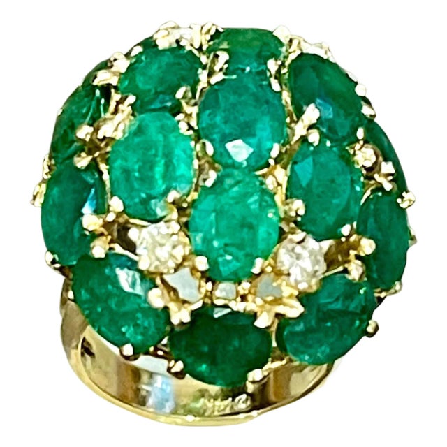 12.5 Ct Natural Brazilian Emerald & Dimond Dome Shape Cocktail Ring 14 Kt Y Gold For Sale