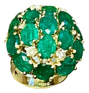 12.5 Ct Natural Brazilian Emerald & Dimond Dome Shape Cocktail Ring 14 Kt Y Gold