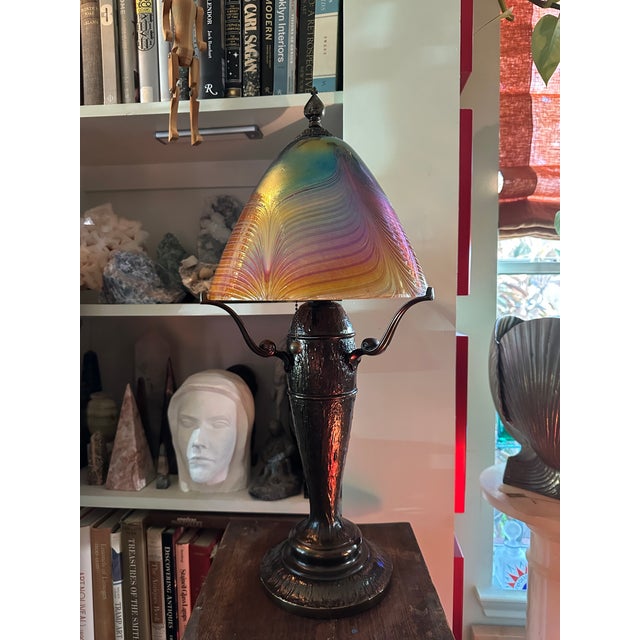 Offered is a stunning Quoizel Starry Night Art Glass shade lamp. You can really see why they call them Starry Night, once...