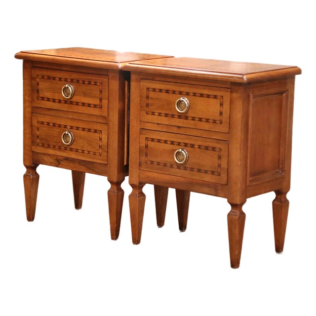 Pair of 20th C. Louis XVI Style Inlaid Walnut Nightstands With Parquetry Detail For Sale