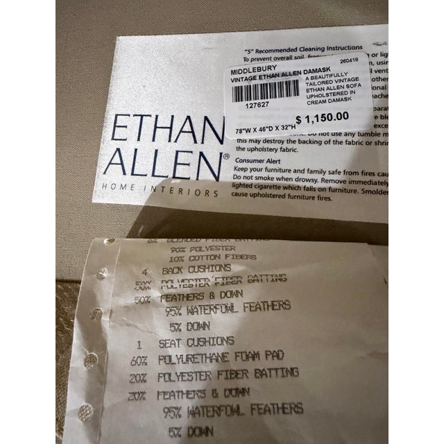 Vintage Ethan Allen Cream Damask Skirted Sofa For Sale - Image 11 of 11